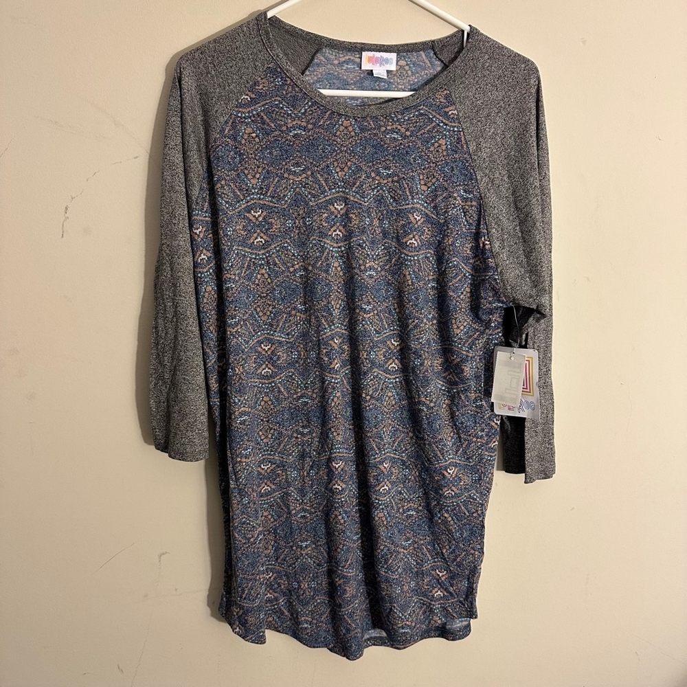 Women's LuLaRoe Randy Top XL Blue Gray Patterned 3/4 Sleeve